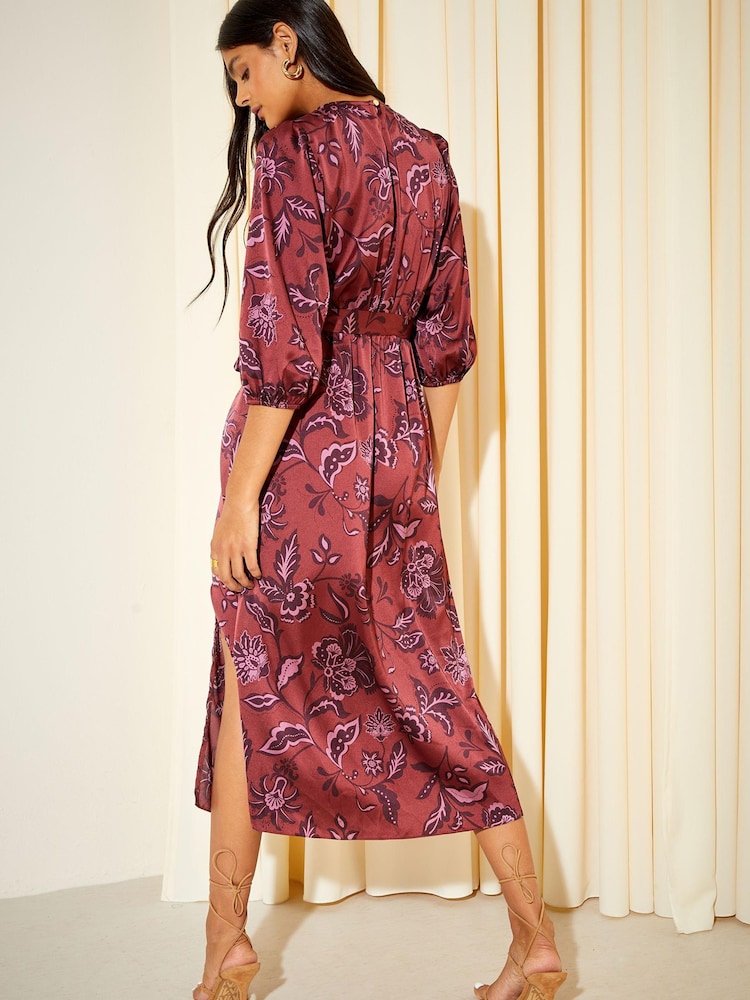 Friends Like These Wild Berry Red Satin 3/4 Sleeve Midi Dress - Image 2 of 4