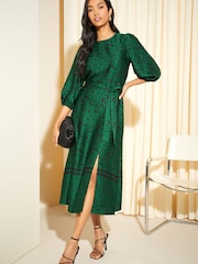 Friends Like These Green Paisley Satin 3/4 Sleeve Midi Dress - Image 1 of 4