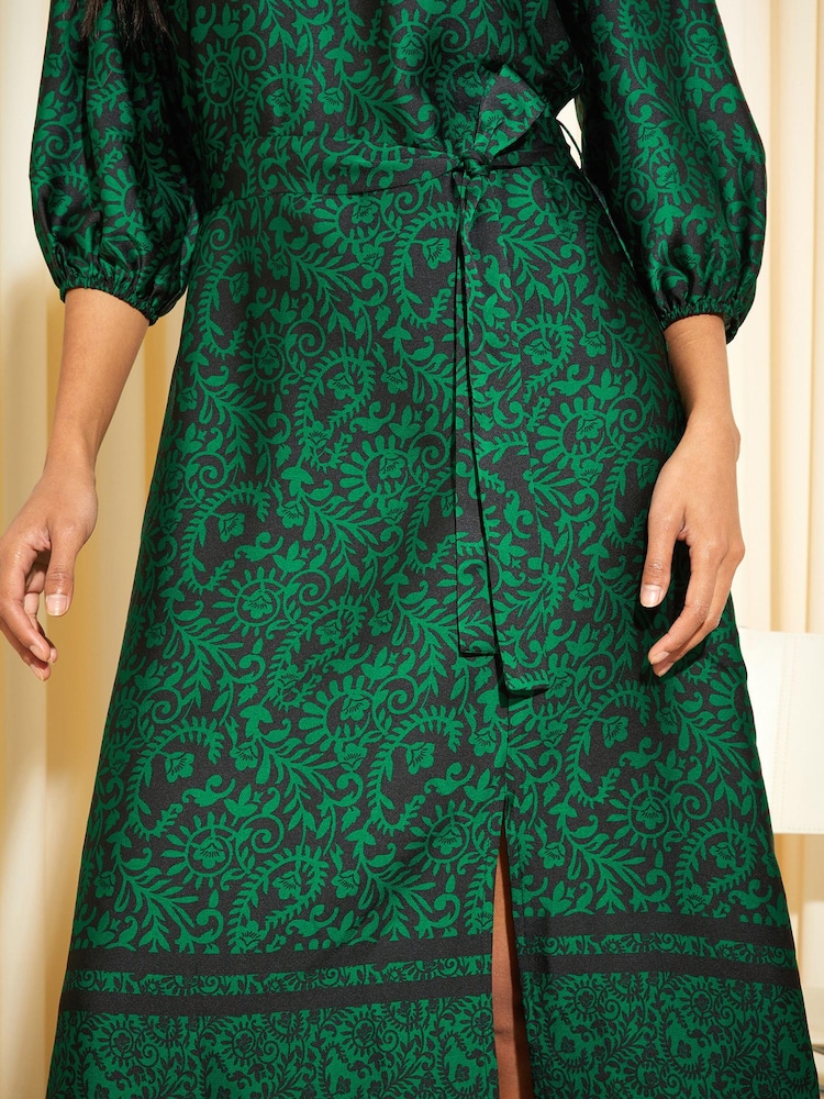 Friends Like These Green Paisley Satin 3/4 Sleeve Midi Dress - Image 2 of 4 Friends Like These Green Paisley Satin 3/4 Sleeve Midi Dress - Image 2 of 4