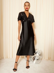 Friends Like These Black Sequin Satin V Neck Flutter Sleeve Midi Dress - Image 1 of 4