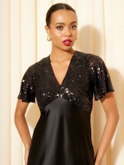 Friends Like These Black Sequin Satin V Neck Flutter Sleeve Midi Dress - Image 2 of 4