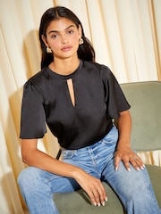 Friends Like These Black Printed Flutter Sleeve Keyhole Blouse - Image 1 of 4