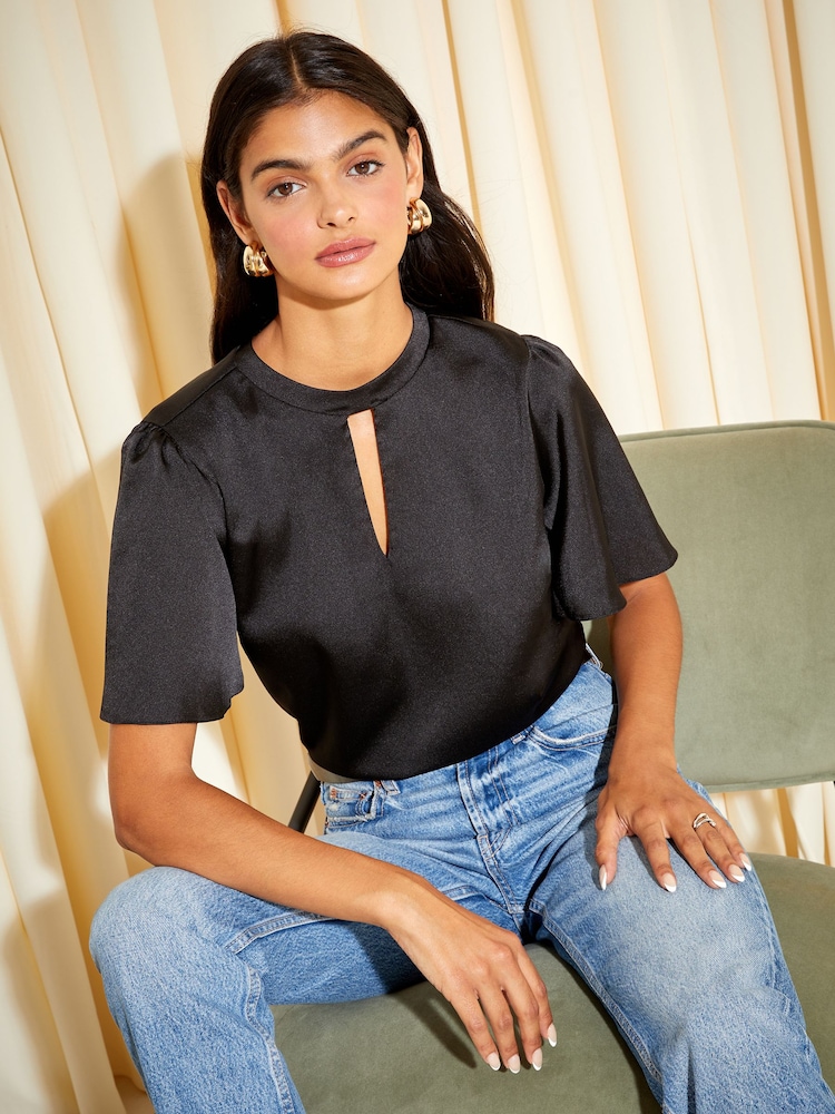 Friends Like These Black Printed Flutter Sleeve Keyhole Blouse - Image 1 of 4