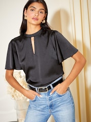 Friends Like These Black Printed Flutter Sleeve Keyhole Blouse - Image 3 of 4