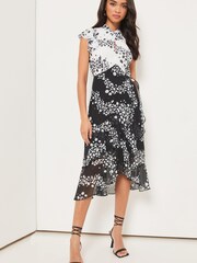 Lipsy Black/White Printed Keyhole Ruffle Fit and Flare Midi Dress - Image 3 of 3
