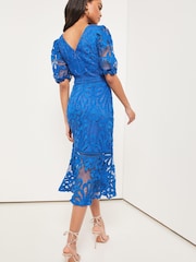 Lipsy Blue Premium Lace V Neck Puff Sleeve Midi Dress - Image 2 of 4