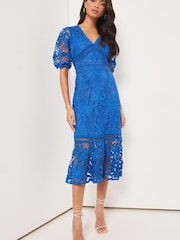 Lipsy Blue Premium Lace V Neck Puff Sleeve Midi Dress - Image 3 of 4