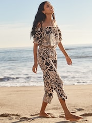 Lipsy Black Petite Printed Bardot Off Shoulder Puff Sleeve Jumpsuit - Image 1 of 4