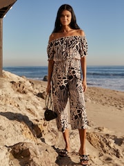 Lipsy Black Petite Printed Bardot Off Shoulder Puff Sleeve Jumpsuit - Image 2 of 4