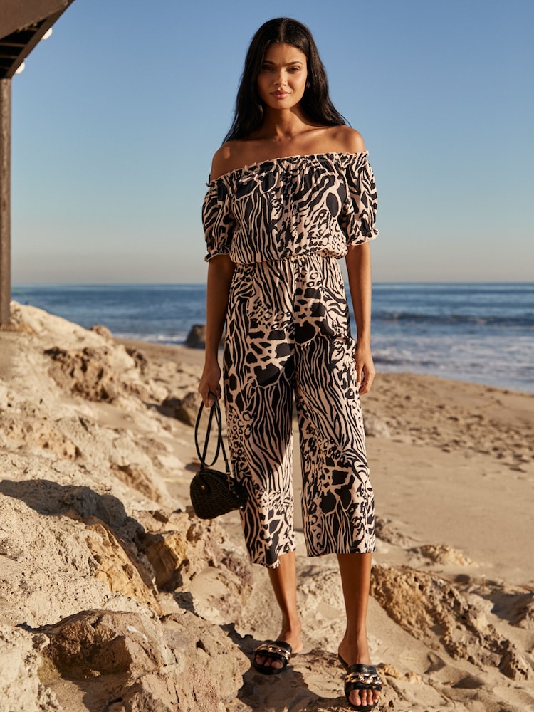 Lipsy Black Petite Printed Bardot Off Shoulder Puff Sleeve Jumpsuit - Image 2 of 4