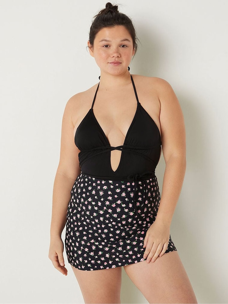 Victoria's Secret PINK Pure Black Floral Swim CoverUp Mini Skirt - Image 1 of 1