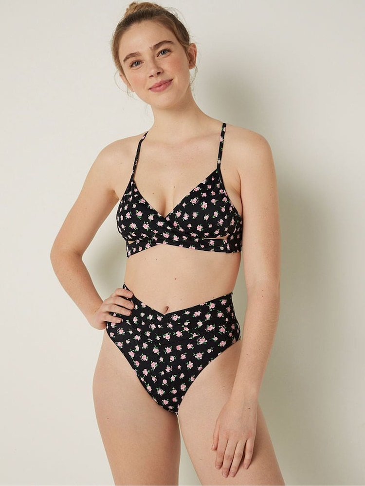 Victoria's Secret PINK Pure Black Floral Cross Over Bikini Bottom - Image 1 of 3