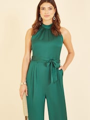 Yumi Emerald Green Satin Halterneck Jumpsuit With Pockets - Image 2 of 5