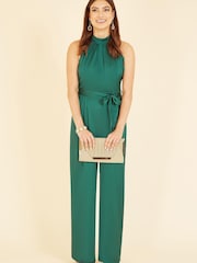 Yumi Emerald Green Satin Halterneck Jumpsuit With Pockets - Image 3 of 5
