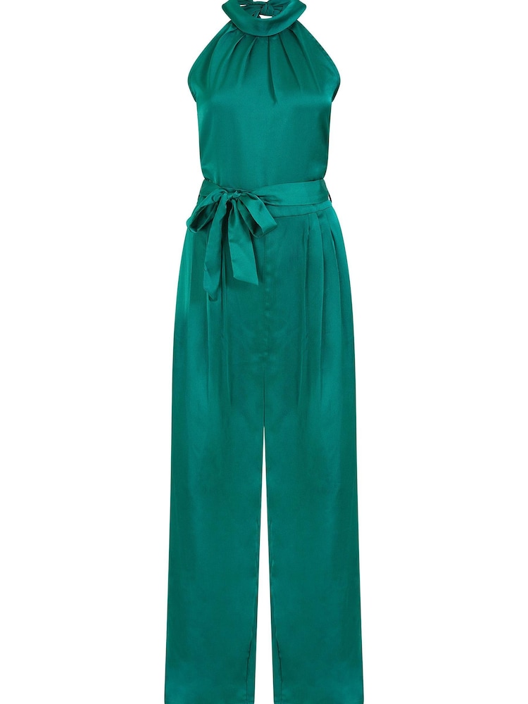 Yumi Emerald Green Satin Halterneck Jumpsuit With Pockets - Image 5 of 5