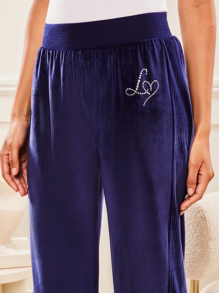 Lipsy Navy Blue Wide Leg Velour Joggers - Image 4 of 4