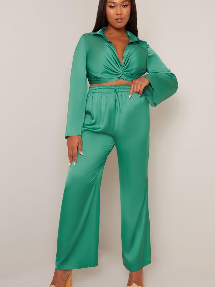 Chi Chi London Emerald Green Satin Wide Leg Elasticated Waist Trousers - Image 1 of 5