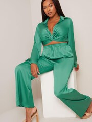 Chi Chi London Emerald Green Satin Wide Leg Elasticated Waist Trousers - Image 3 of 5