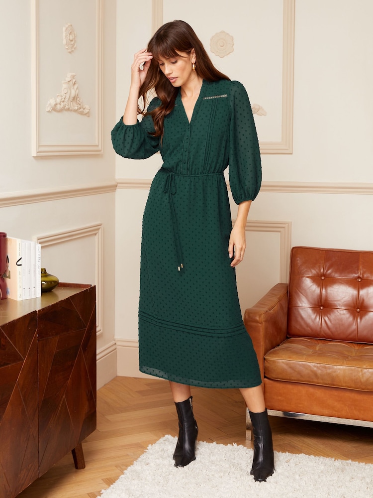Love & Roses Forest Green 3/4 Sleeve Dobby Lace Trim Midi Dress - Image 1 of 4