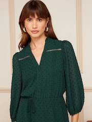 Love & Roses Forest Green 3/4 Sleeve Dobby Lace Trim Midi Dress - Image 2 of 4