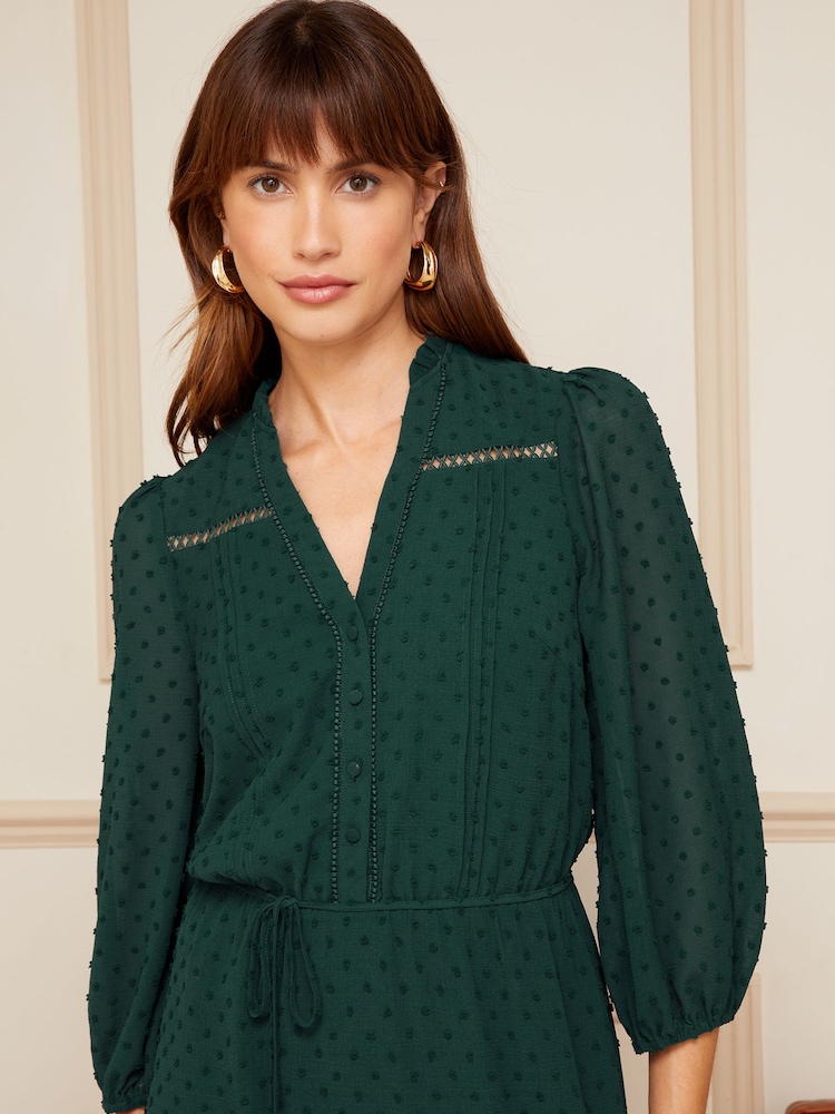 Love & Roses Forest Green 3/4 Sleeve Dobby Lace Trim Midi Dress - Image 2 of 4 Love & Roses Forest Green 3/4 Sleeve Dobby Lace Trim Midi Dress - Image 2 of 4