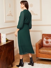 Love & Roses Forest Green 3/4 Sleeve Dobby Lace Trim Midi Dress - Image 3 of 4