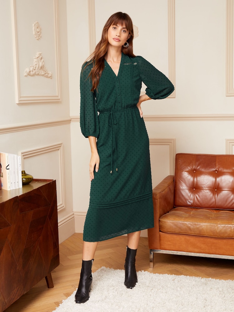 Love & Roses Forest Green 3/4 Sleeve Dobby Lace Trim Midi Dress - Image 4 of 4 Love & Roses Forest Green 3/4 Sleeve Dobby Lace Trim Midi Dress - Image 4 of 4