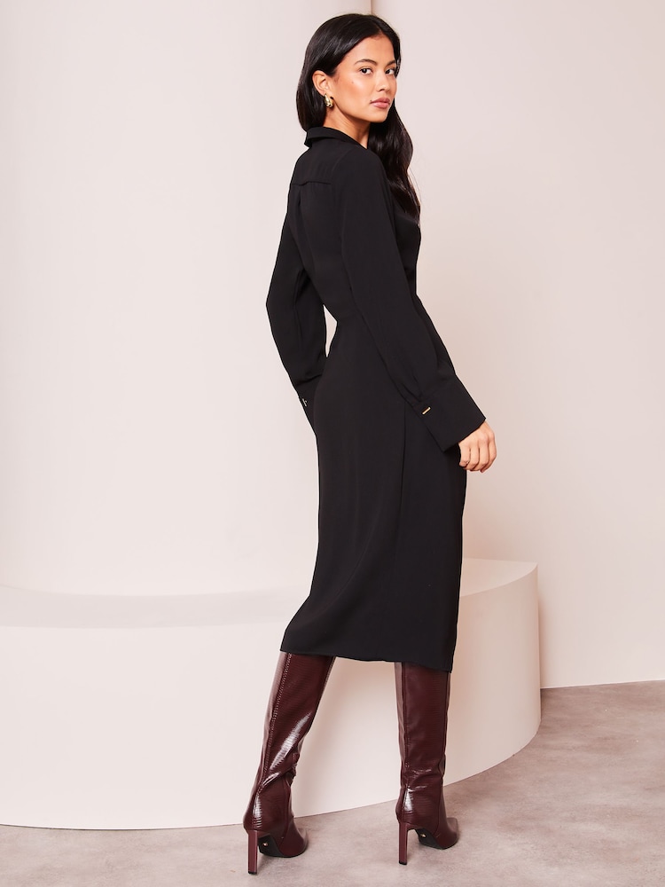 Lipsy Black Long Sleeve Hardware Cuff Wrap Shirt Dress - Image 2 of 4