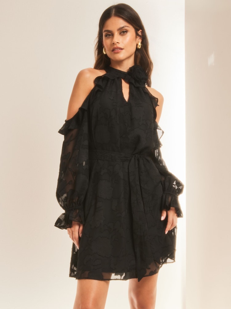 Lipsy Black Cold Shoulder Corsage Mini Dress - Image 1 of 4
