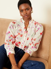 Love & Roses Floral Dobby Spot Lace Trim 3/4 Sleeve Button Through Blouse - Image 1 of 4