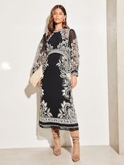 Lipsy Black White Placement Print Long Sleeve Midi Dress - Image 1 of 4