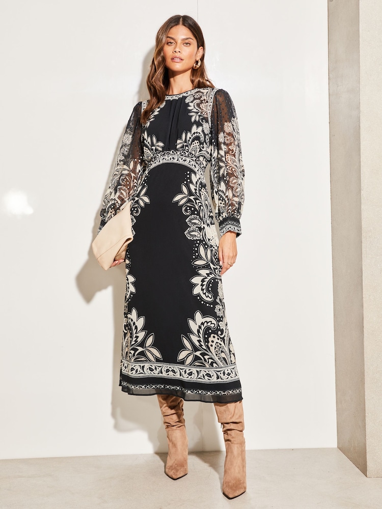 Lipsy Black White Placement Print Long Sleeve Midi Dress - Image 1 of 4
