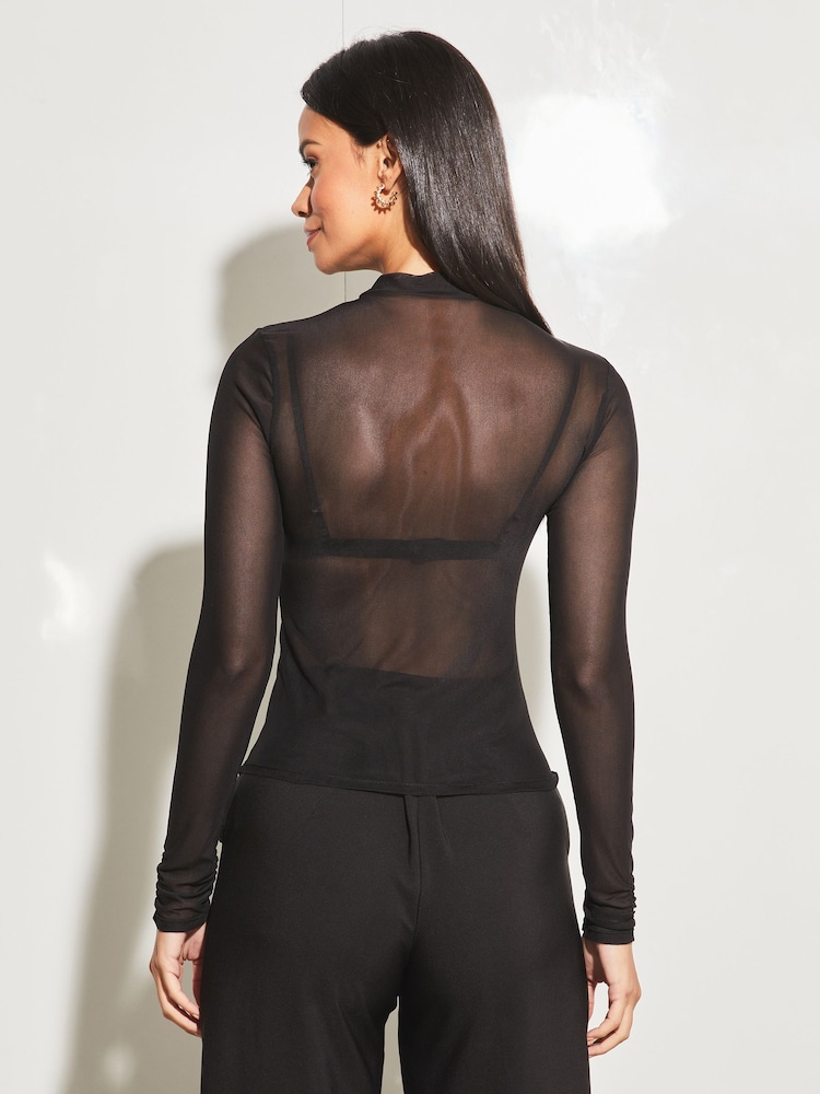 Lipsy Mesh Black Mesh Long Sleeve High Neck Rib Top - Image 2 of 4 Lipsy Mesh Black Mesh Long Sleeve High Neck Rib Top - Image 2 of 4