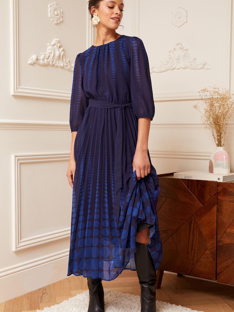 Love & Roses Navy Blue  Polka Dot Petite 3/4 Sleeve Printed Pleated Belted Midi Dress - Image 1 of 4