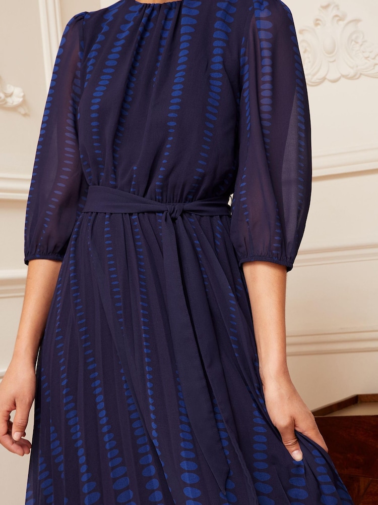 Love & Roses Navy Blue  Polka Dot Petite 3/4 Sleeve Printed Pleated Belted Midi Dress - Image 2 of 4