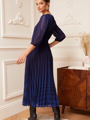 Love & Roses Navy Blue  Polka Dot Petite 3/4 Sleeve Printed Pleated Belted Midi Dress - Image 3 of 4