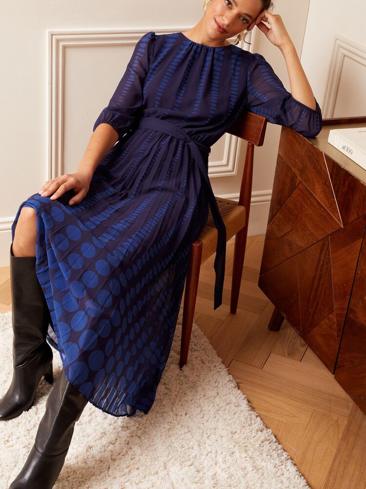 Love & Roses Navy Blue  Polka Dot Petite 3/4 Sleeve Printed Pleated Belted Midi Dress - Image 4 of 4