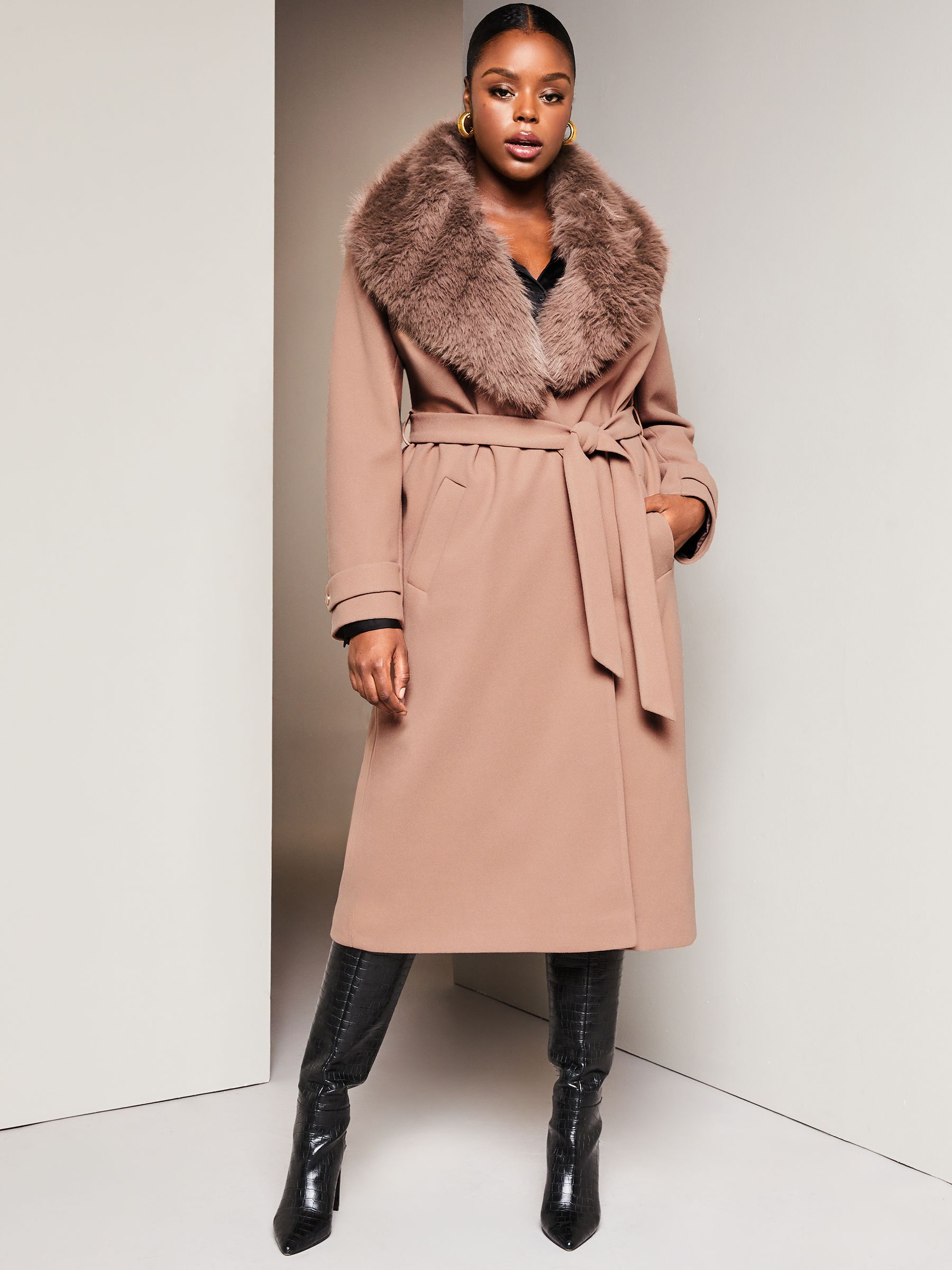 Buy Lipsy Camel Curve Faux Fur Collar Belted Wrap Coat from Next Luxembourg