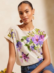 V&A | Love & Roses Ivory White Floral Round Neck Jersey T-Shirt - Image 1 of 4
