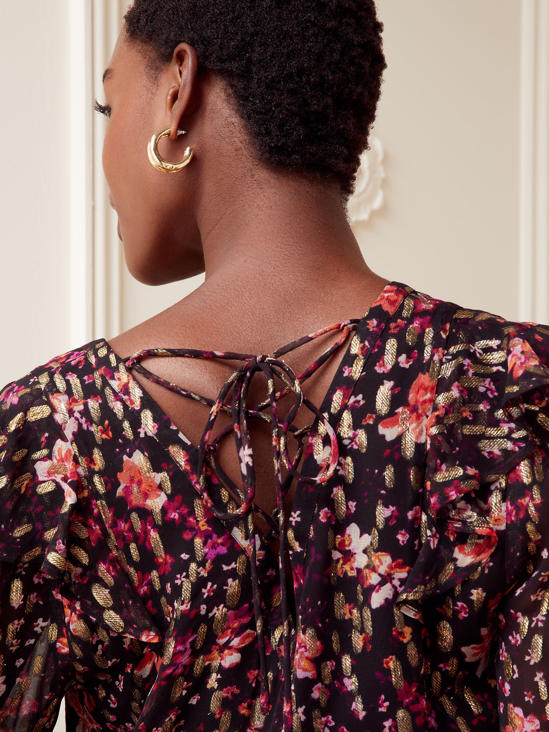 Buy Love & Roses Black Floral Metallic Frill Long Sleeve V