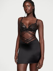Victoria's Secret Black Shimmer Heart Embroidery Strappy Satin Slip - Image 1 of 4