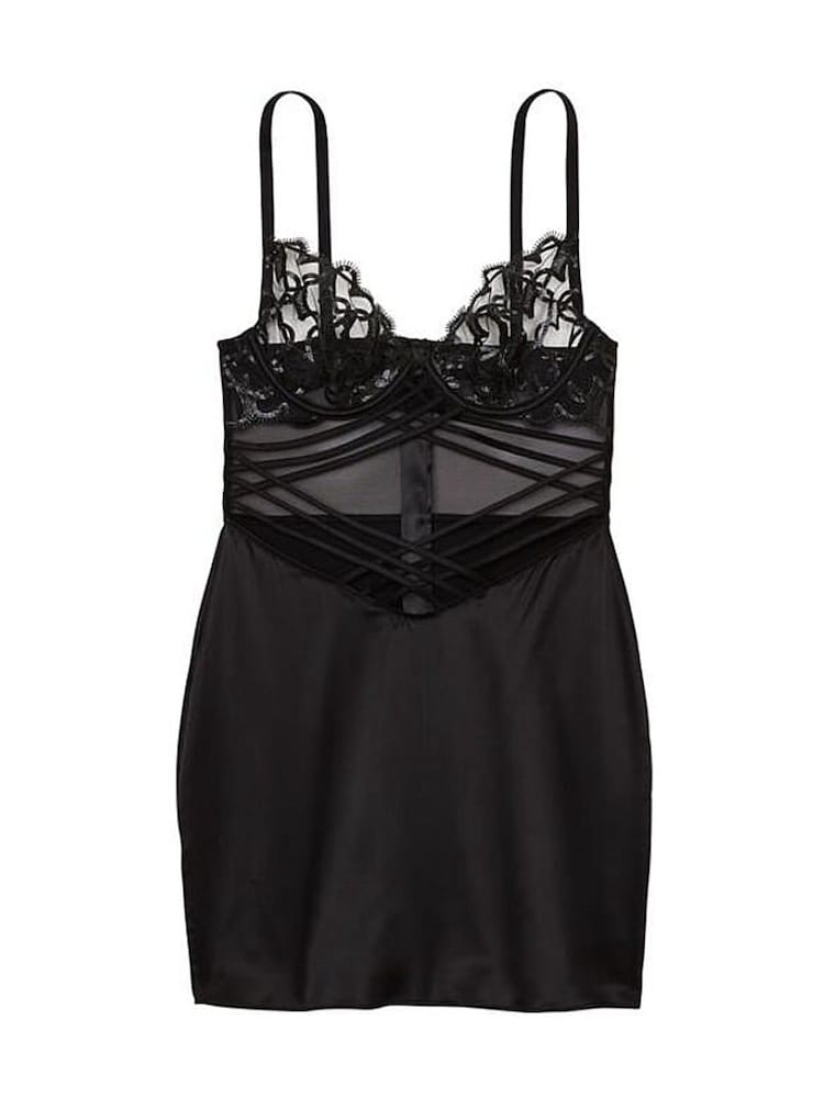 Victoria's Secret Black Shimmer Heart Embroidery Strappy Satin Slip - Image 3 of 3 Victoria's Secret Black Shimmer Heart Embroidery Strappy Satin Slip - Image 3 of 3