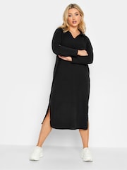 Yours Curve Black Ribbed Collar Dress - Image 1 of 4