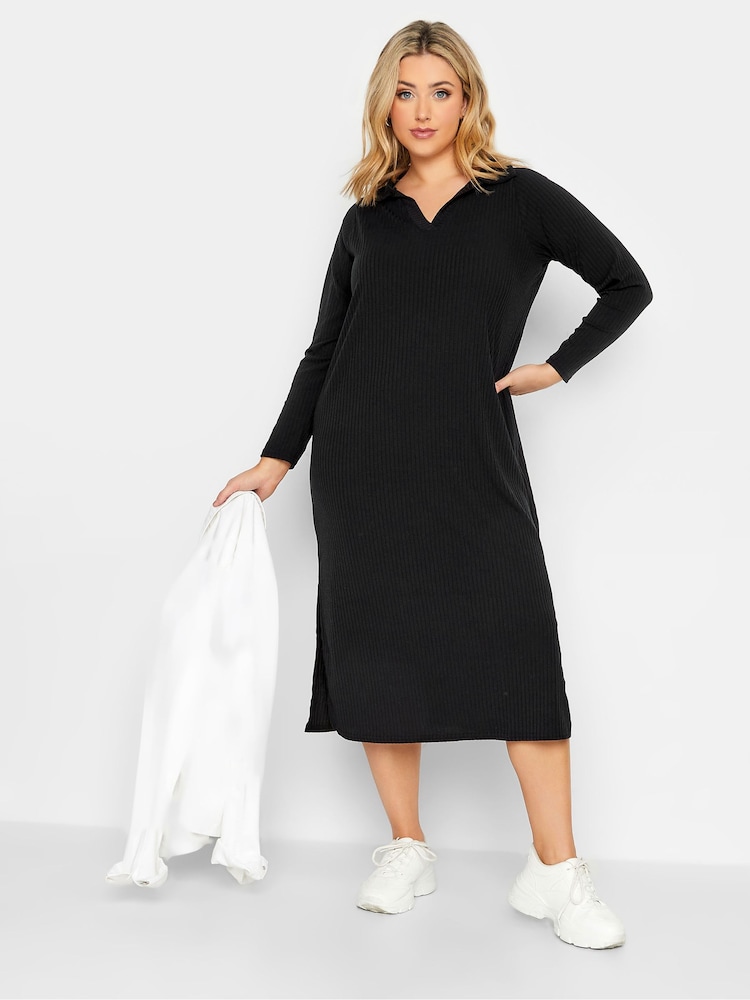 Yours Curve Black Ribbed Collar Dress - Image 2 of 4