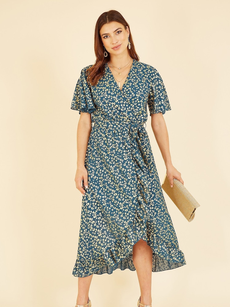 Mela Green Leopard Foil Print Wrap Midi Dress - Image 1 of 4