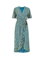 Mela Green Leopard Foil Print Wrap Midi Dress - Image 4 of 4