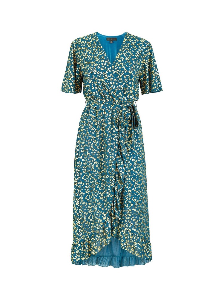 Mela Green Leopard Foil Print Wrap Midi Dress - Image 4 of 4