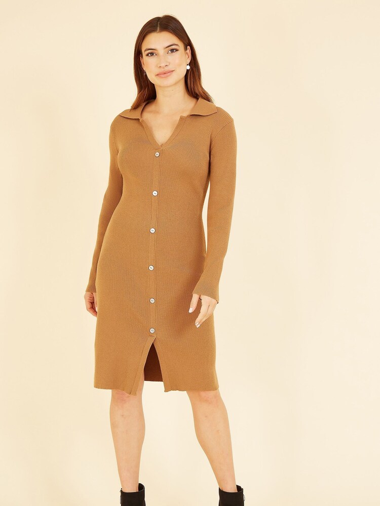 Mela Brown Knitted Shirt Dress - Image 1 of 5