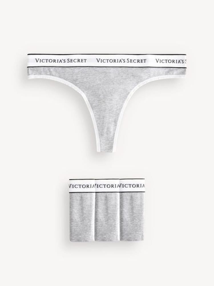 Victoria's Secret Grey Heather Thong Logo 4 Pack Knickers - Image 1 of 7
