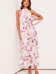 Lipsy White Print Halter Tie Waist Tiered Midi Dress - Image 1 of 4